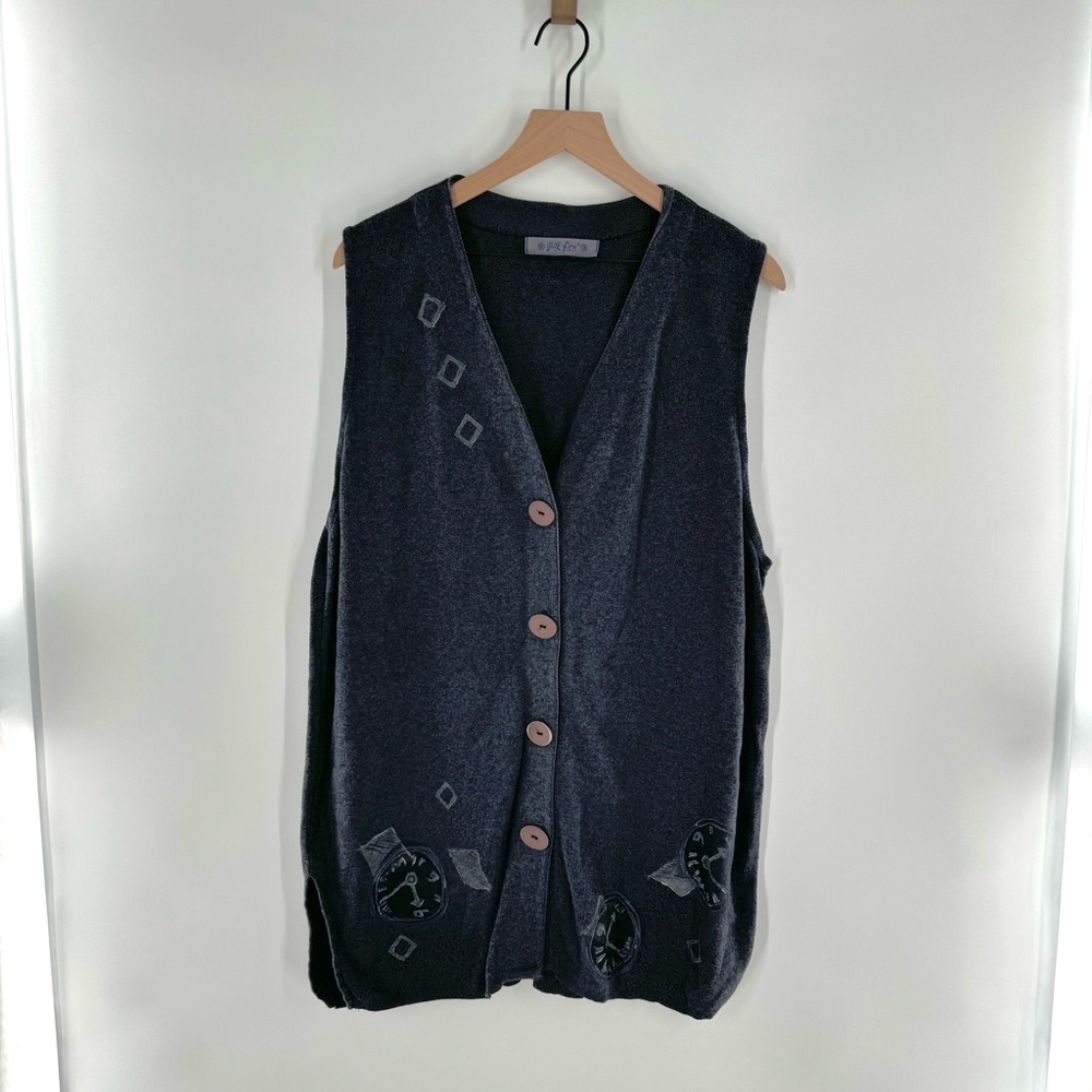 Blue Fish Long Artisan Clock‎ Artsy Button Down Knit Long Sweater Vest Size 0S